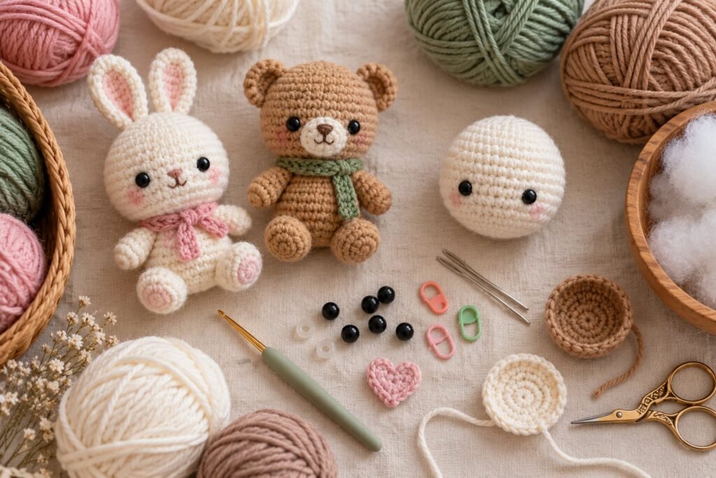 Amigurumi for beginners – cute crochet toys with yarn, hook, safety eyes and stuffing