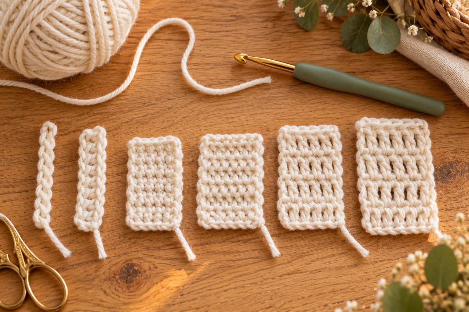 Crochet stitch swatches showing chain, single crochet, half double crochet and double crochet
