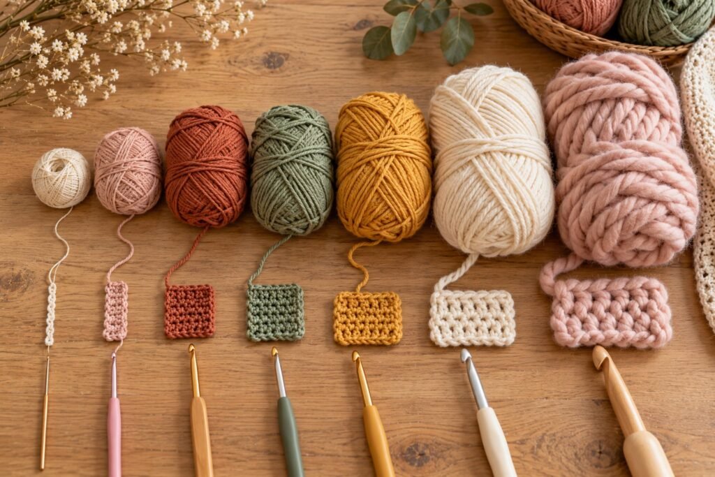 Best yarn for beginner crochet – yarn balls in different weights from lace to super bulky with crochet hooks