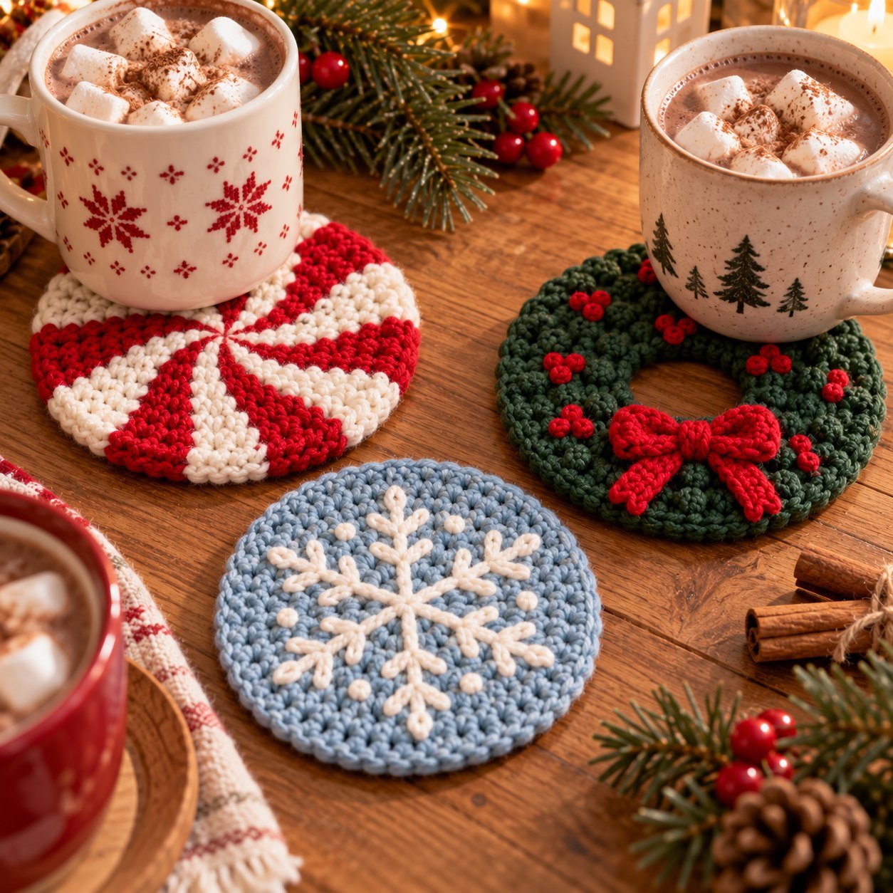 Christmas Coaster Set: Peppermint, Snowflake & Wreath