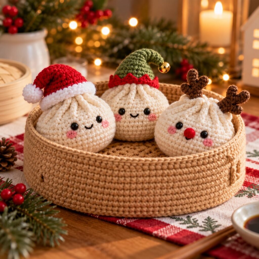 Christmas dumplings crochet pattern – Santa, elf and reindeer amigurumi dumplings in a crochet steamer basket