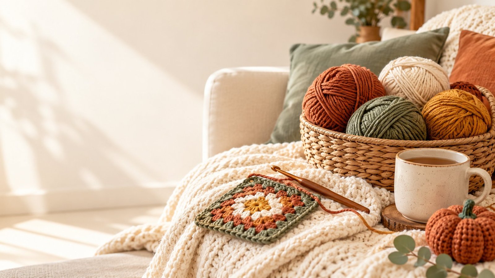 Cozy crochet corner with a basket of yarn, crochet hook and a mug of tea