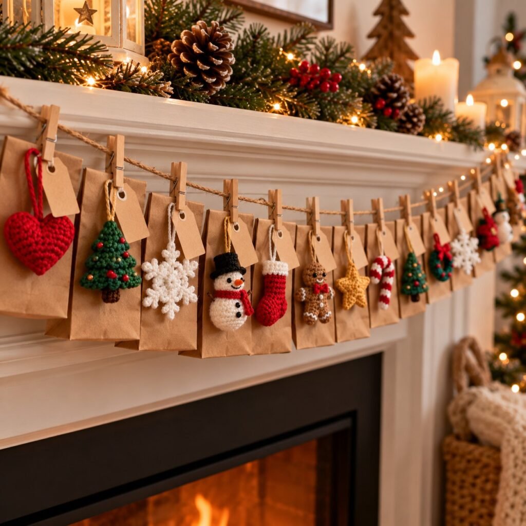 Handmade advent calendar garland with crochet ornaments