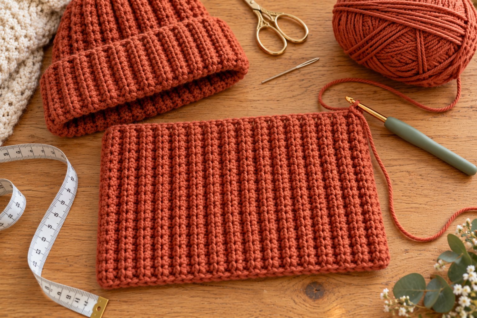 Ribbed crochet rectangle in half double crochet back loop only that becomes a beanie