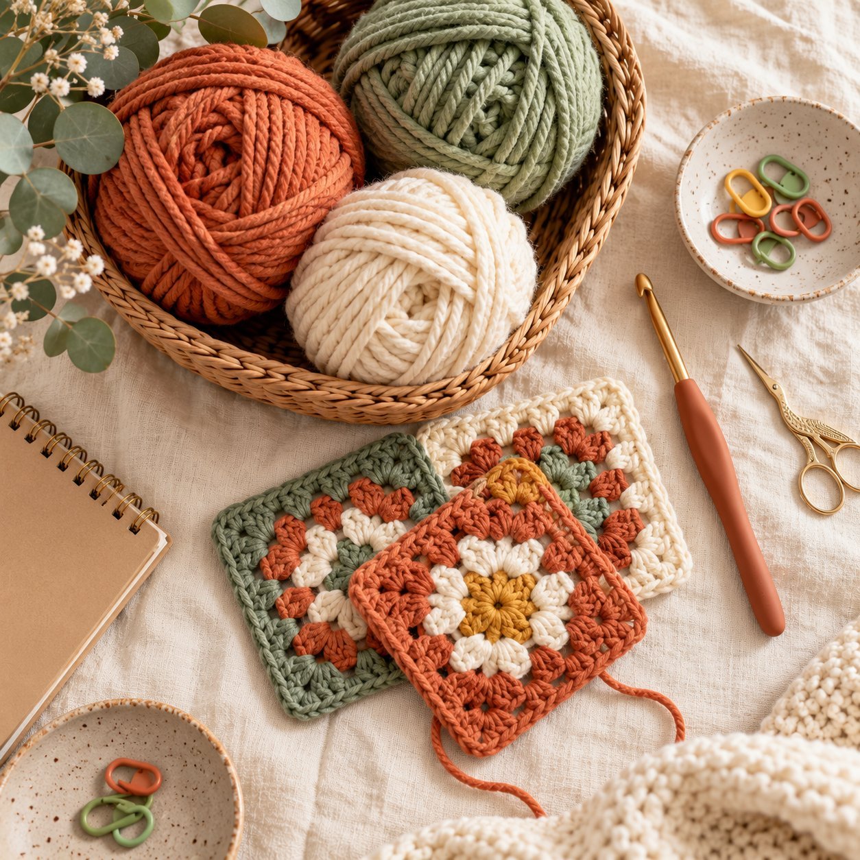 Crochet supplies: yarn, hook and granny squares