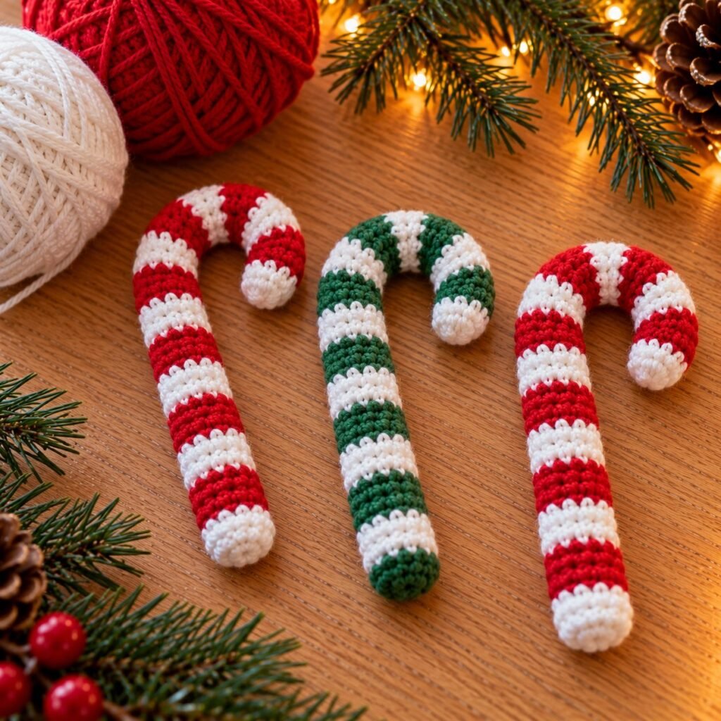 Three striped crochet candy cane ornaments with pine sprigs – crochet candy cane pattern