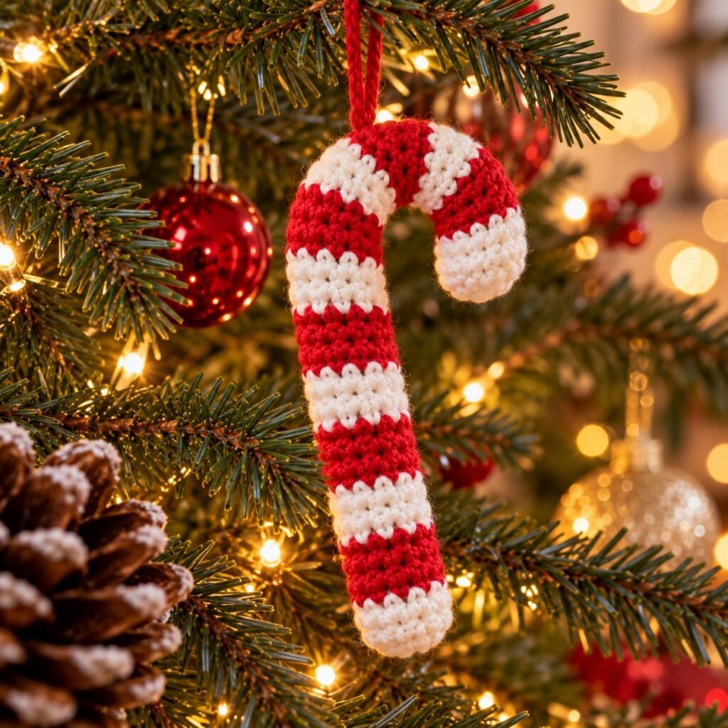Crochet candy cane ornament hanging on a Christmas tree branch