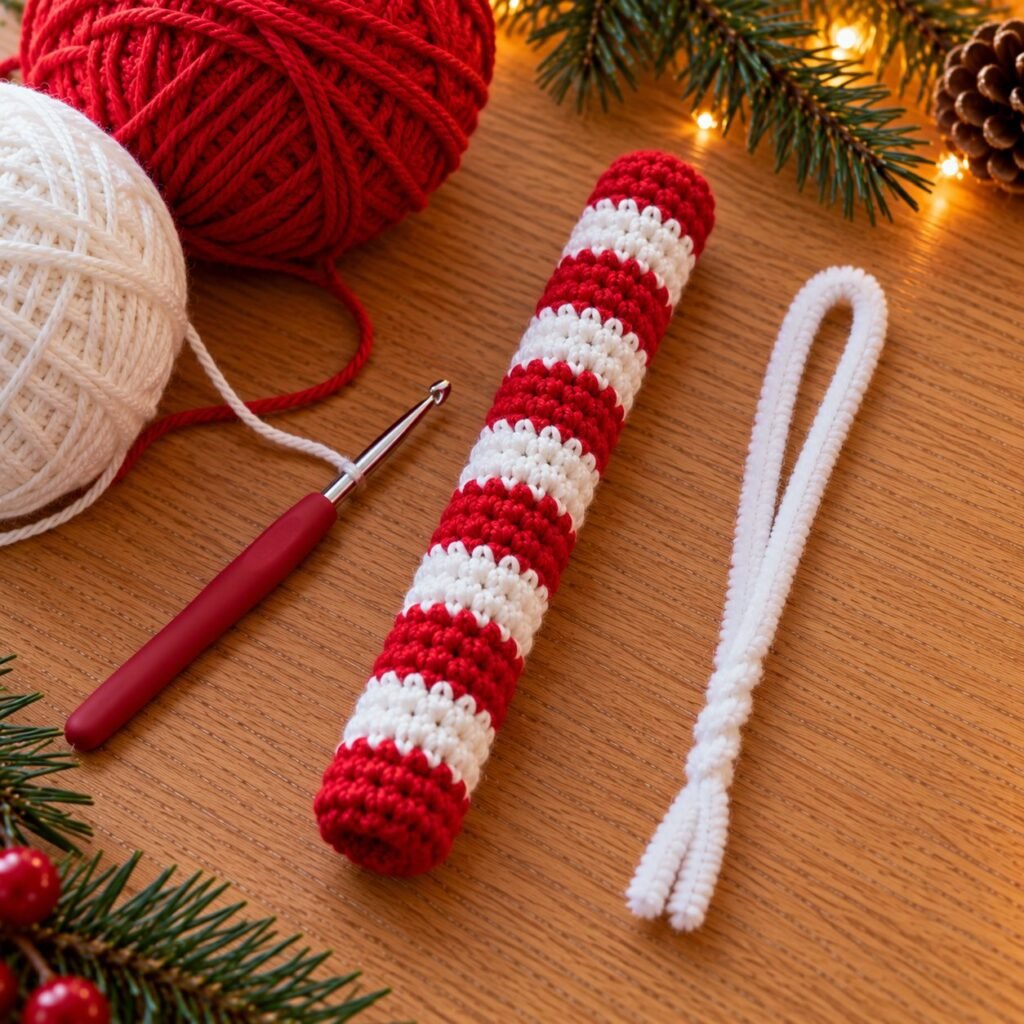 Striped crochet candy cane tube next to a folded pipe cleaner
