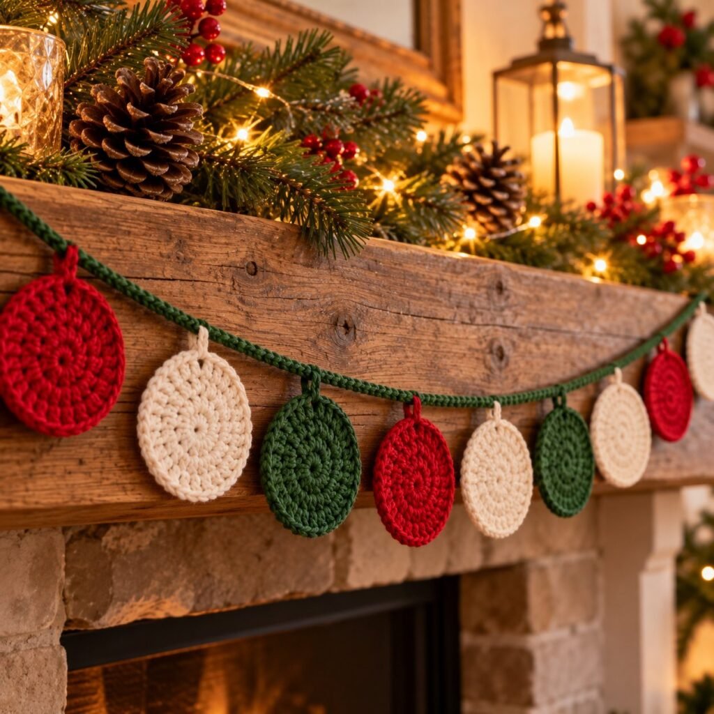 Red, green and cream crochet circle garland on a mantel – easy crochet Christmas garland