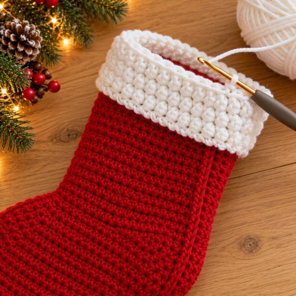 Adding the white cuff to a crochet Christmas stocking