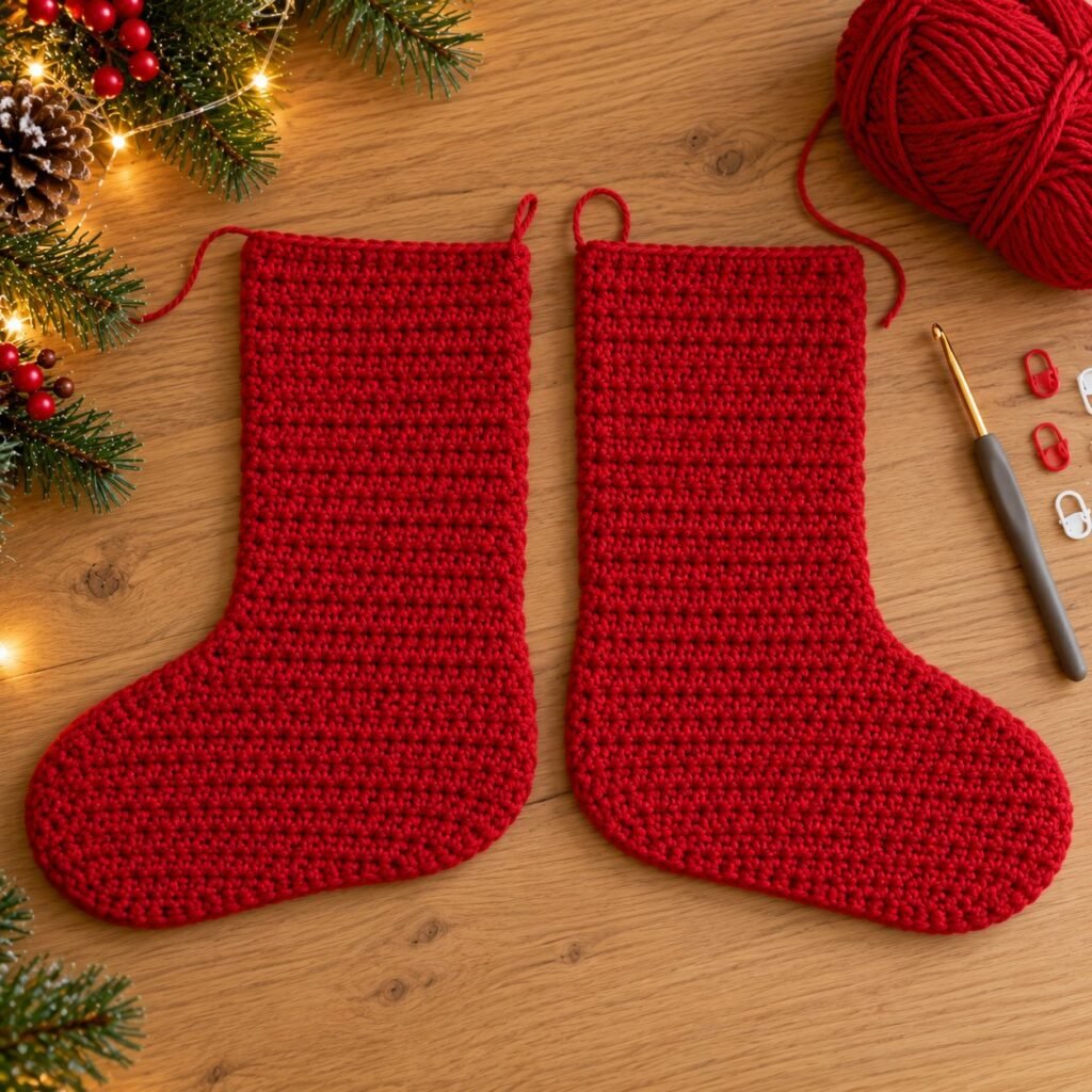 Two half double crochet stocking panels before joining