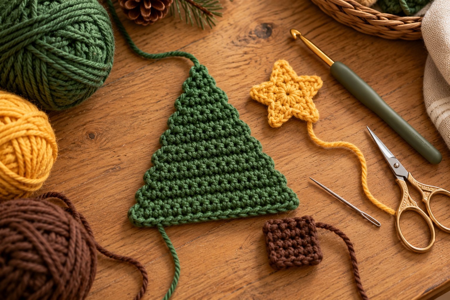 Flat crochet Christmas tree triangle worked in rows with a small crocheted star