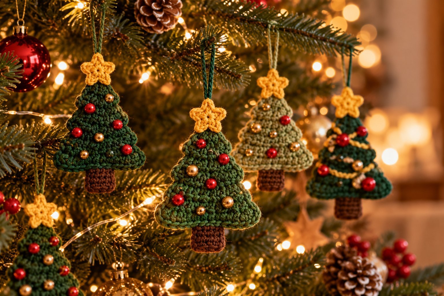 Crochet Christmas tree ornaments hanging on a tree – a perfect day-one advent calendar project