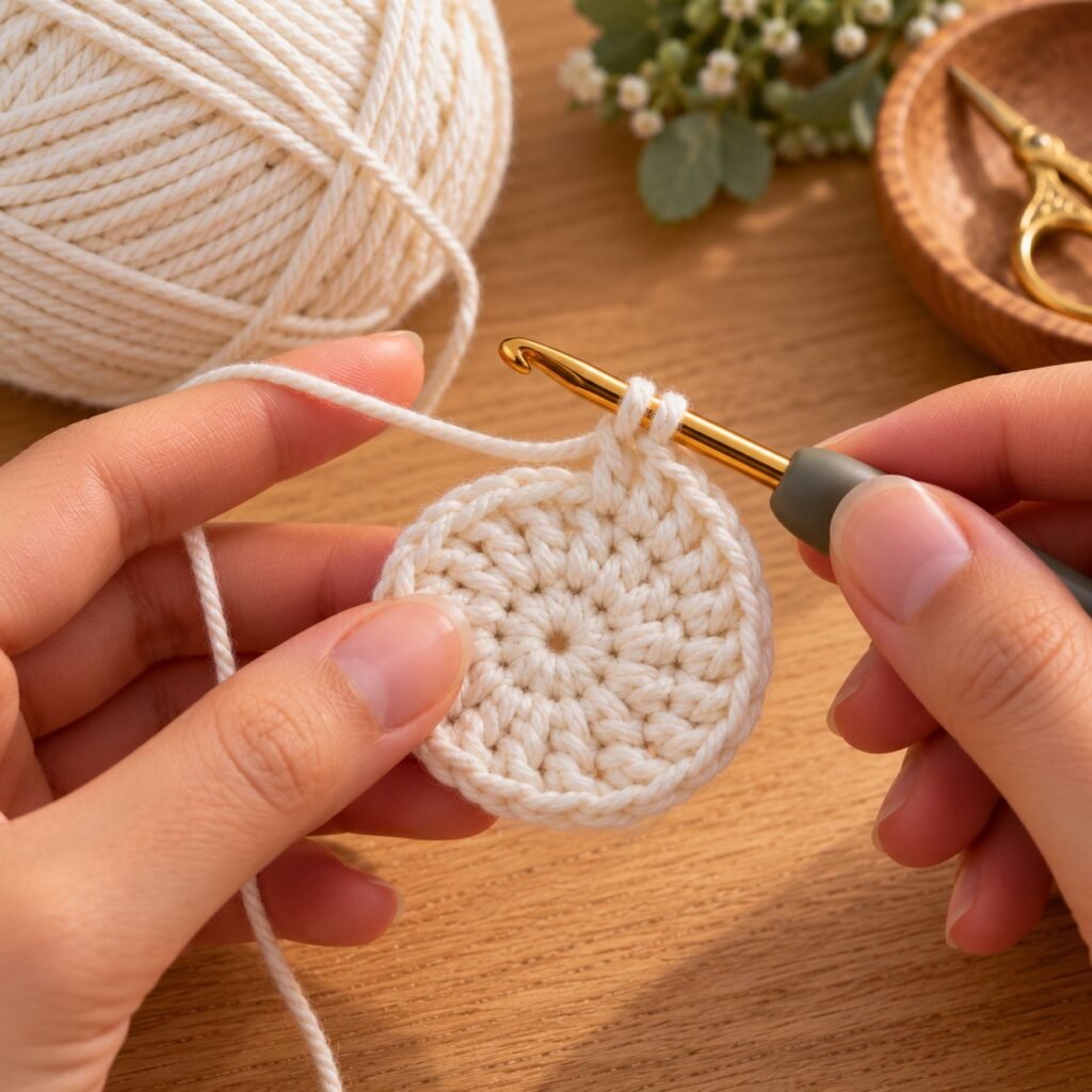 Twelve stitches added every round keep the circle flat – free crochet coaster pattern