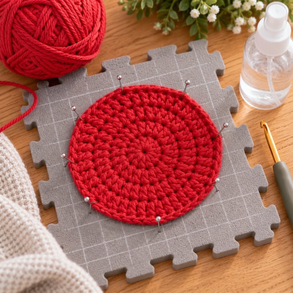 Blocking: pin, spray and let dry – free crochet coaster pattern