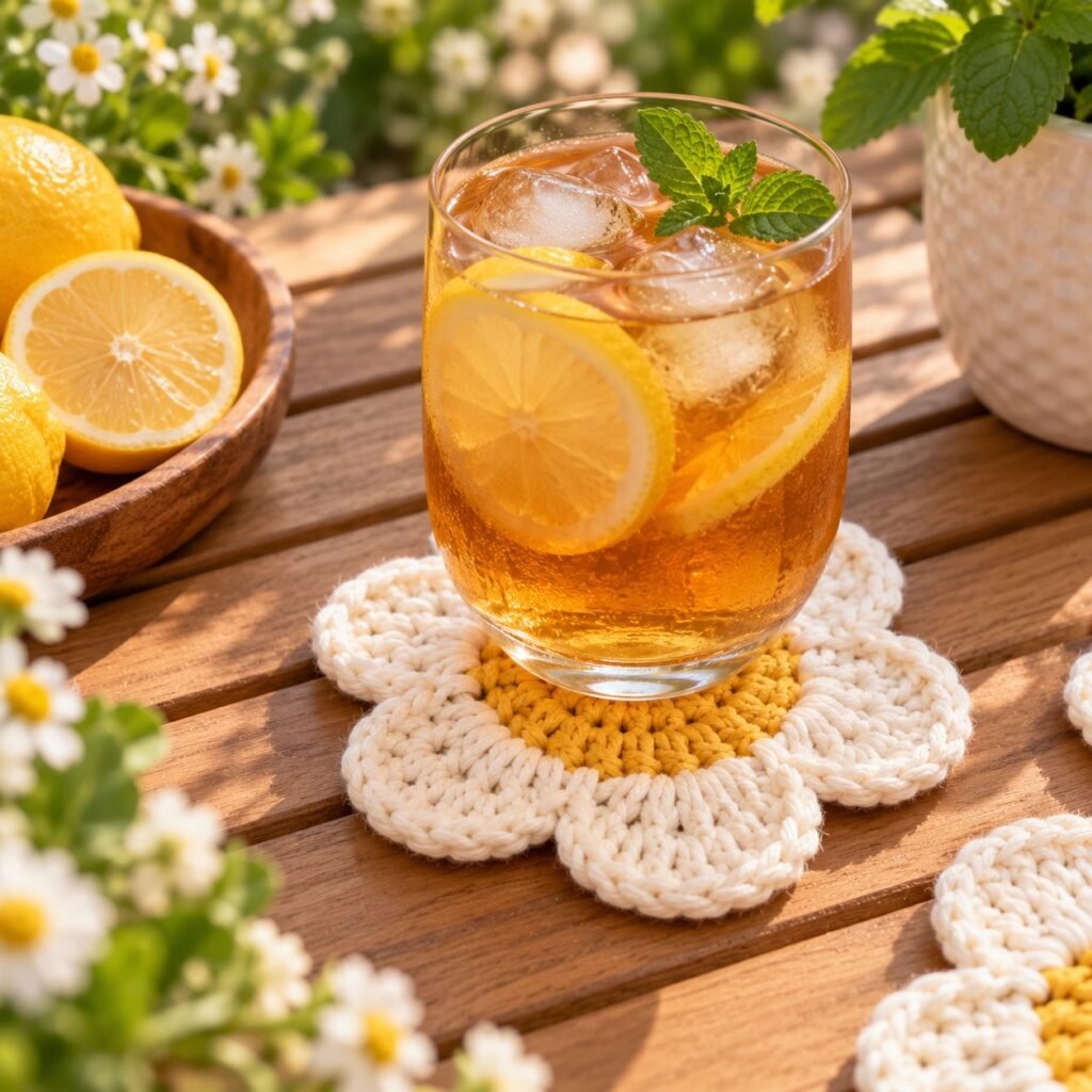 A finished daisy coaster, blocked flat – crochet flower coaster