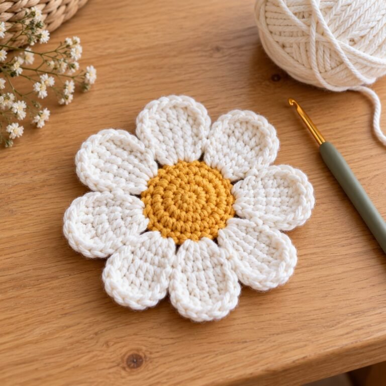 Crochet daisy flower coaster with white petals and yellow center on a wooden table
