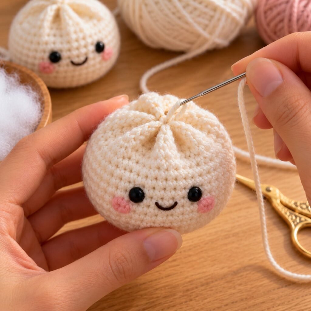 Pull the yarn down over the top to cinch each pleat – crochet dumpling pattern