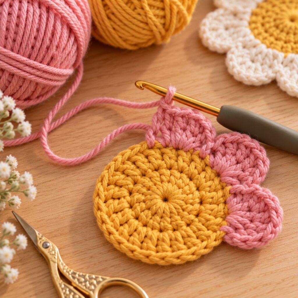 Round 3: one shell petal every four stitches – crochet flower coaster