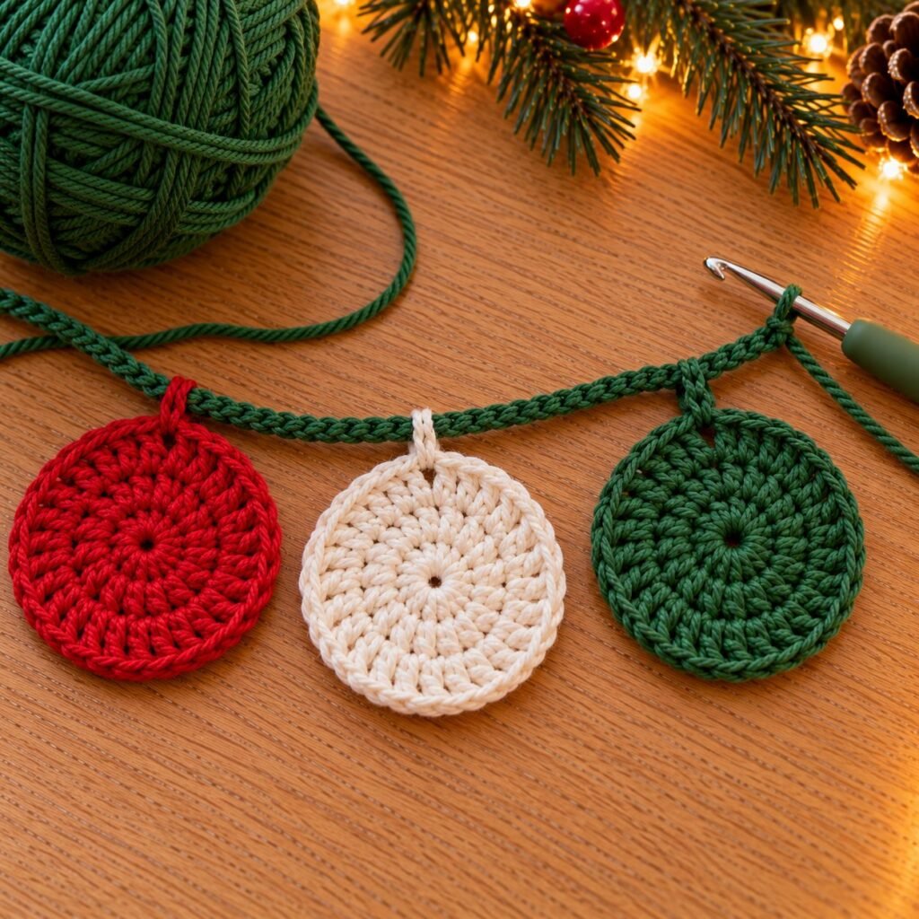 Joining crochet circles onto a chain to make a Christmas garland