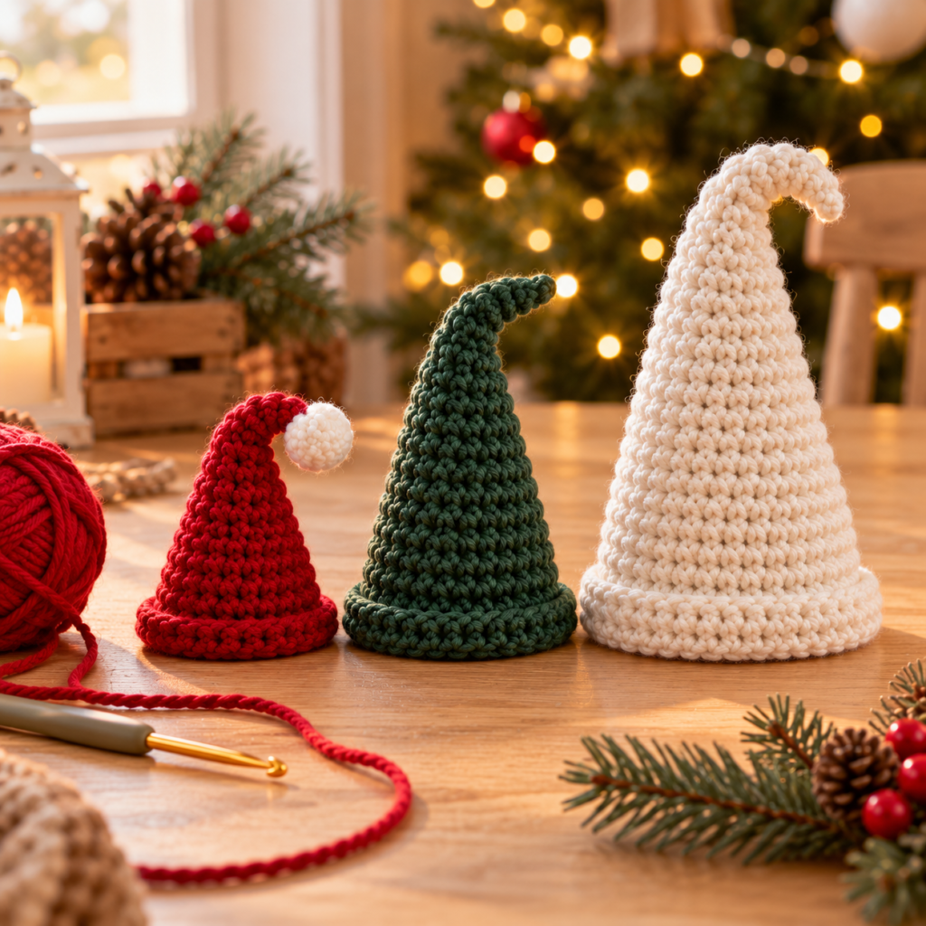 Three crochet gnome hats in small, medium and large sizes – free crochet gnome hat pattern