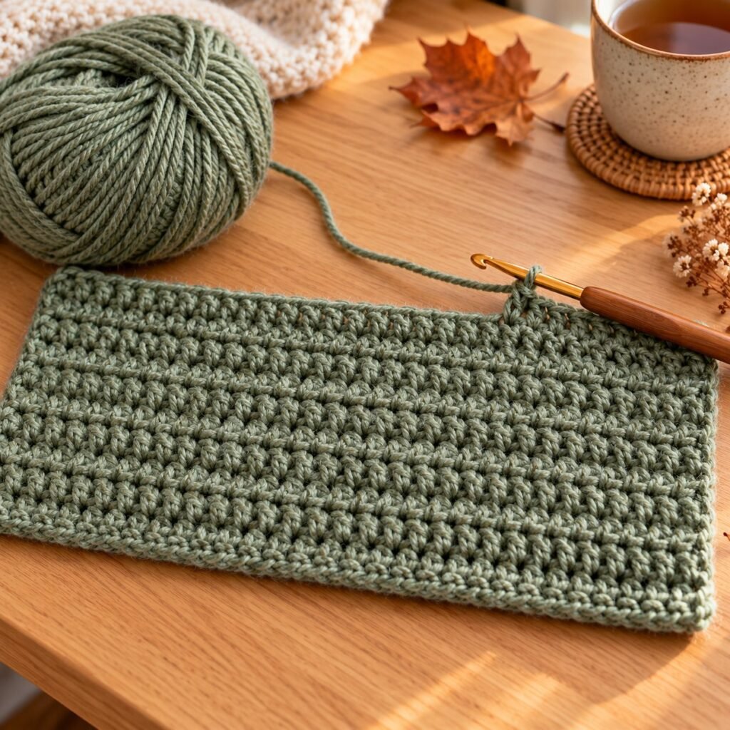 Crochet infinity scarf rectangle worked in rows of half double crochet