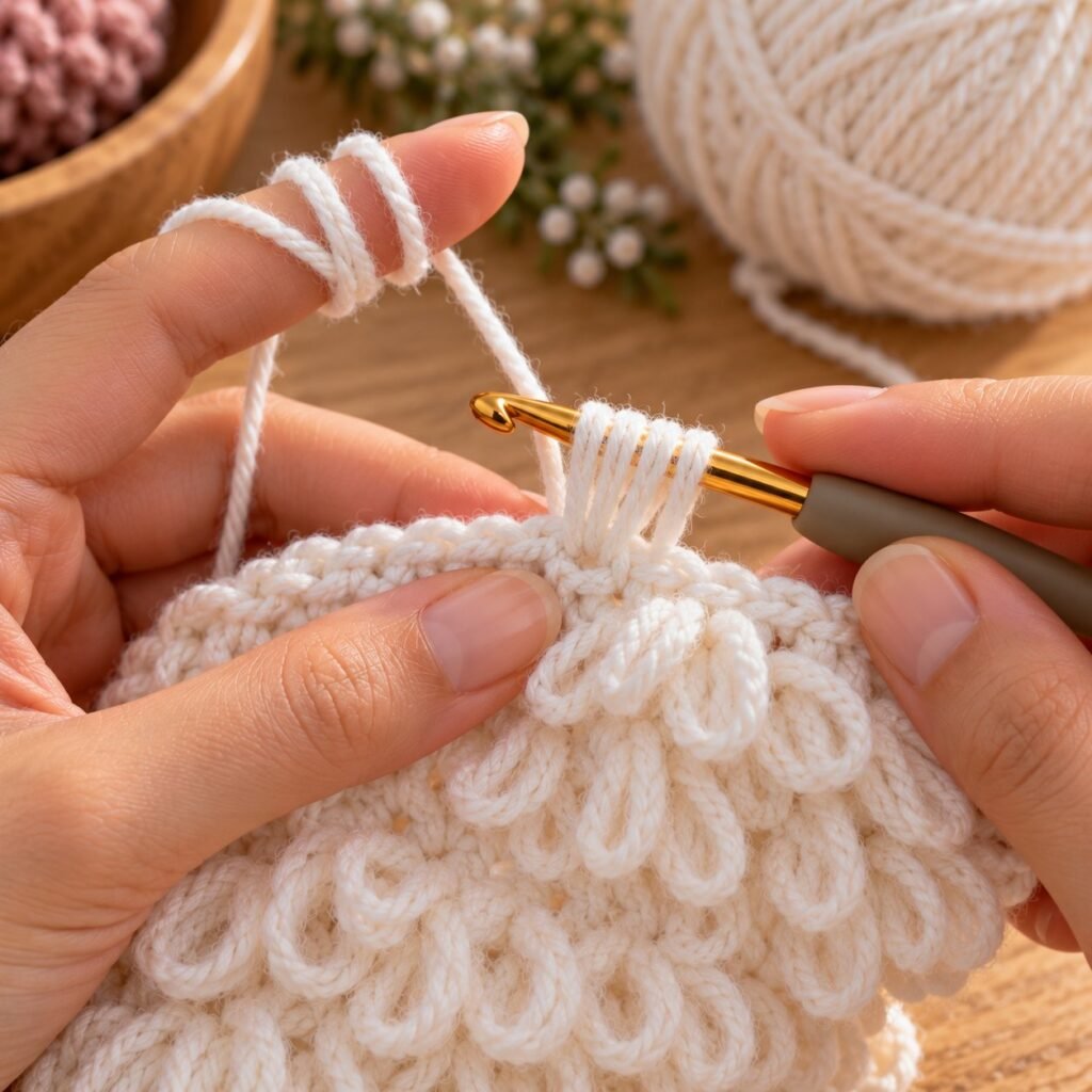 The loop stitch: wrap the yarn around your finger and pull both strands through – crochet gnome beard