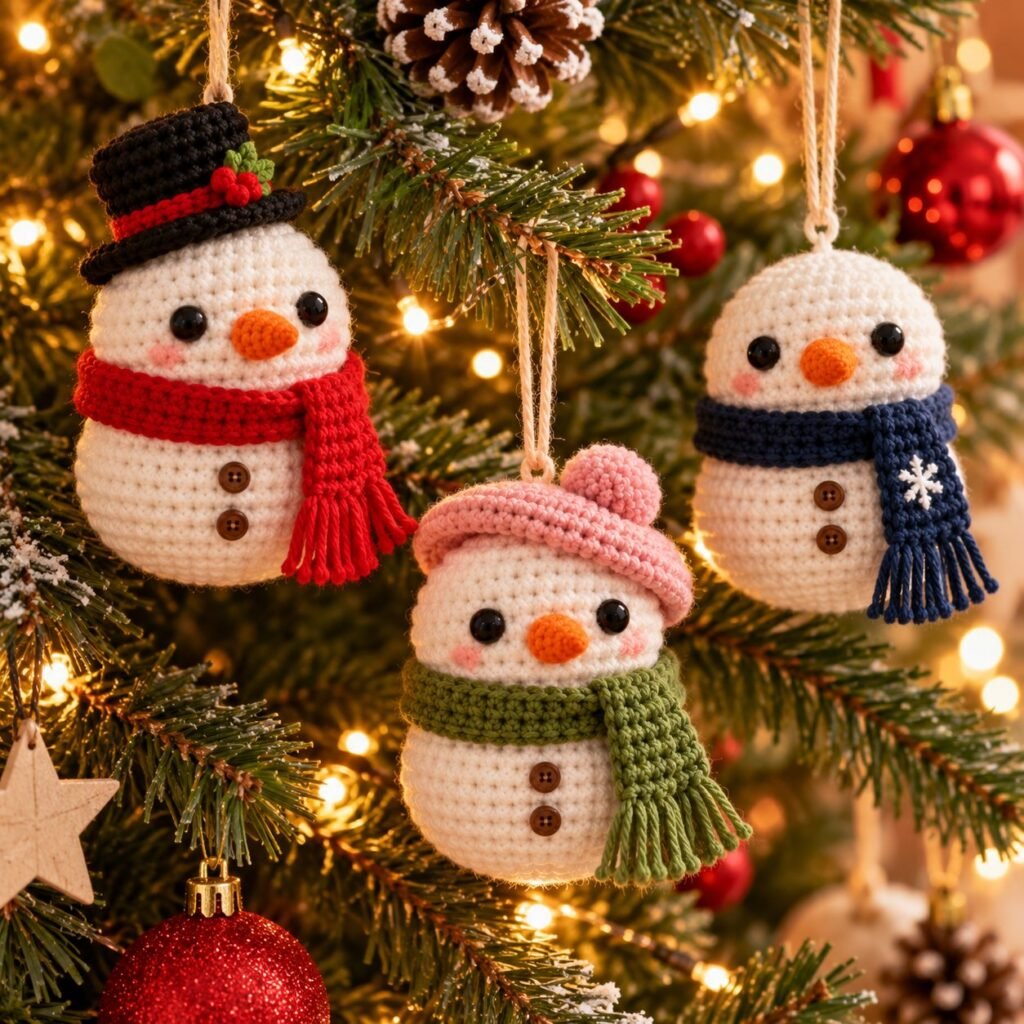 A little family of snowman ornaments – crochet snowman pattern