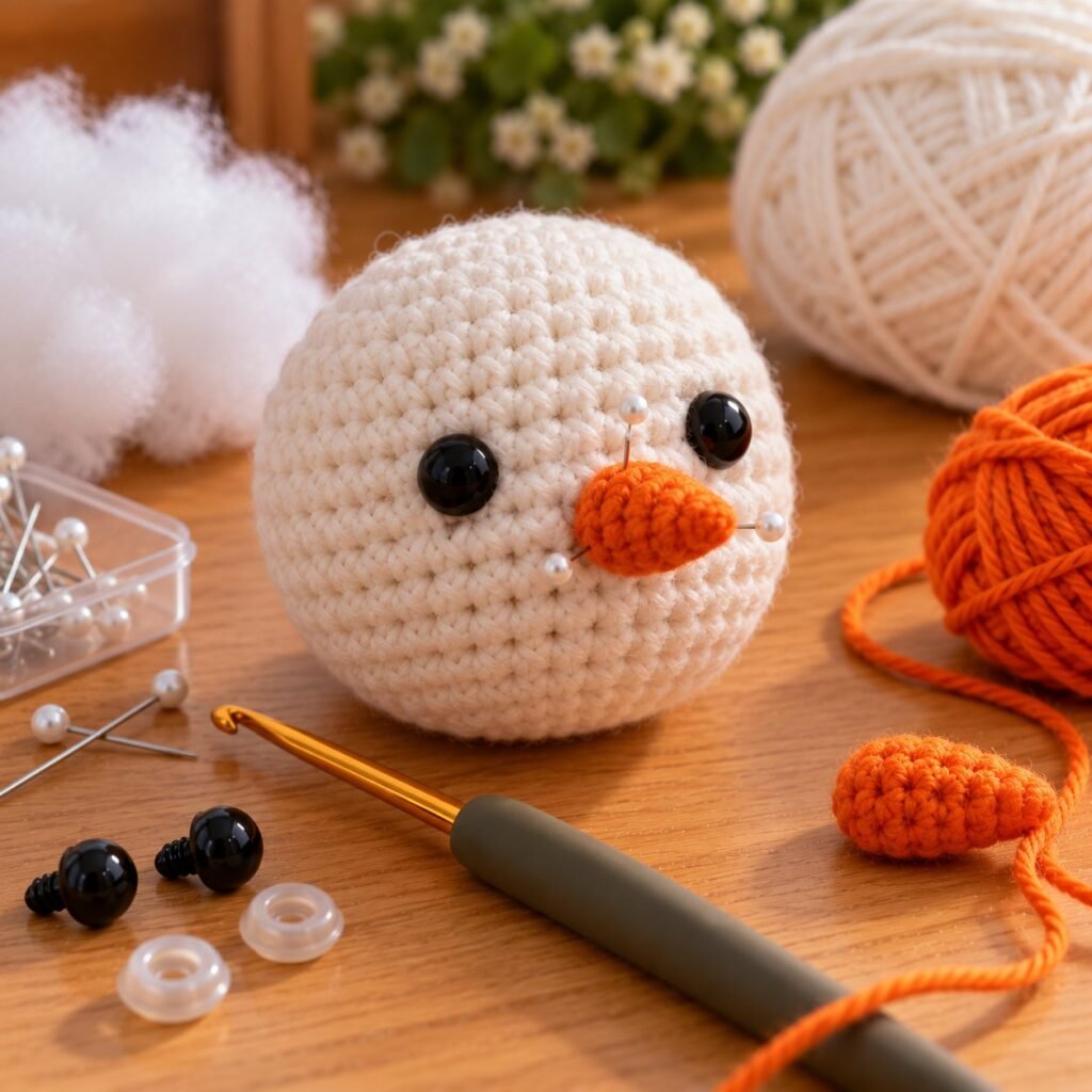 Pin the carrot nose just under the eyes – crochet snowman pattern