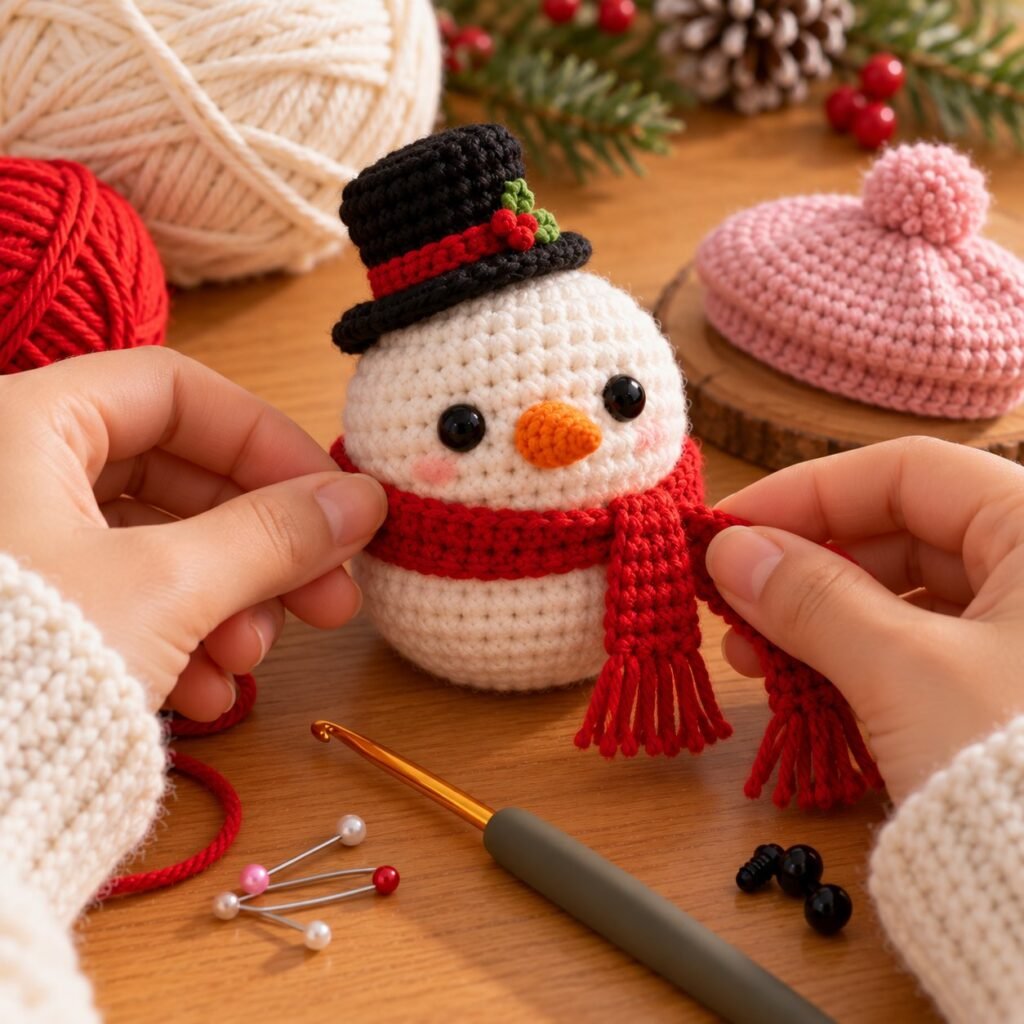 Add the scarf, then choose a top hat or a beret – crochet snowman pattern