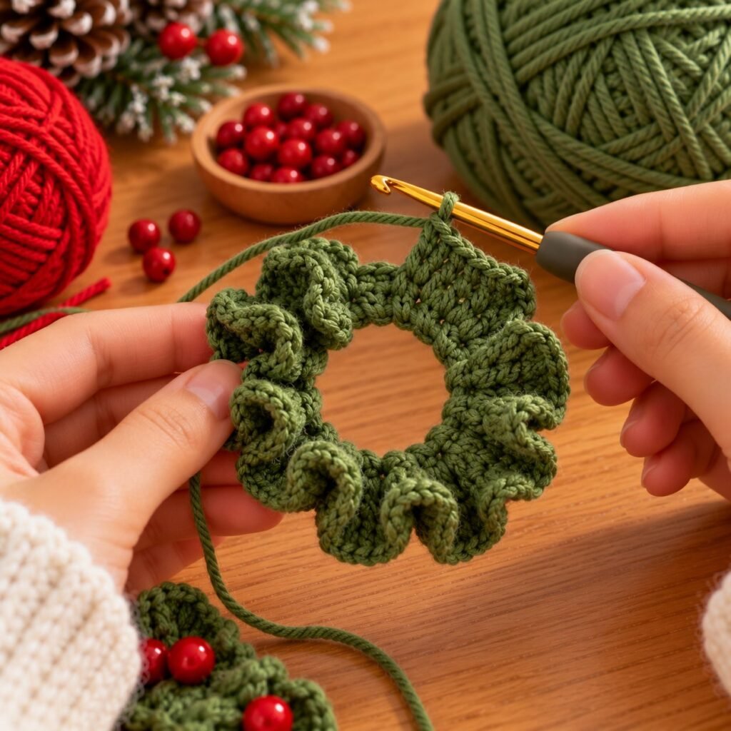 Round 2: three double crochets in every stitch make the ruffles – crochet christmas ornament pattern
