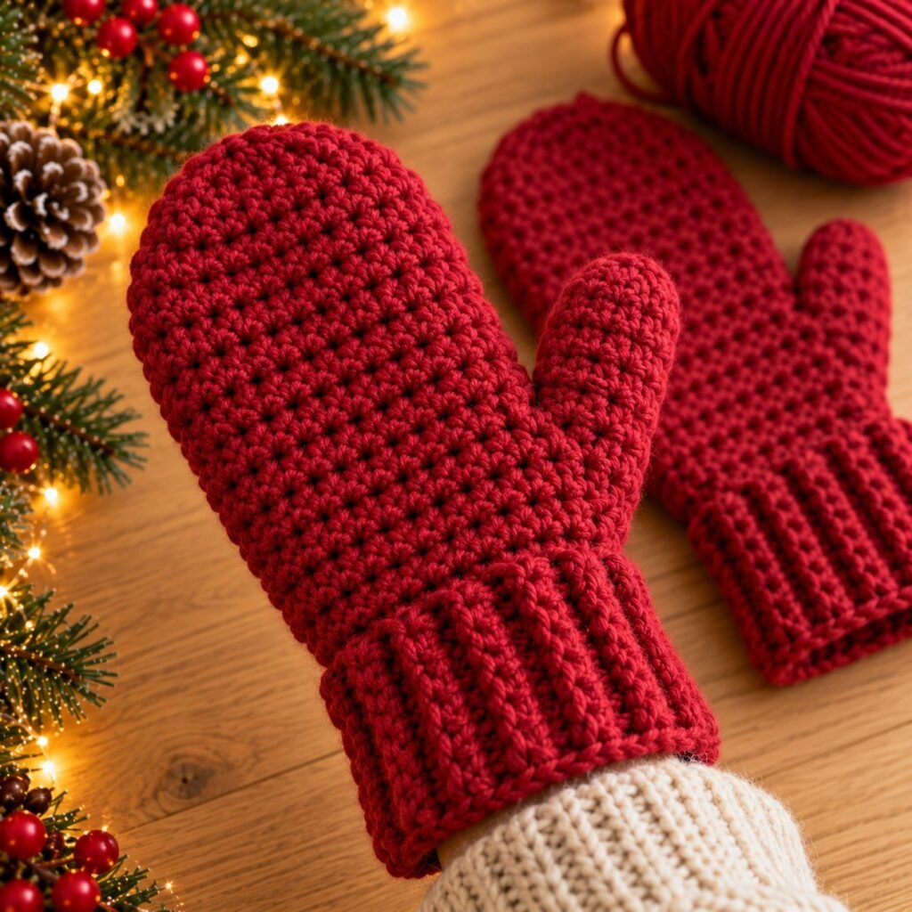 Crochet mitten with finished thumb and ribbed cuff