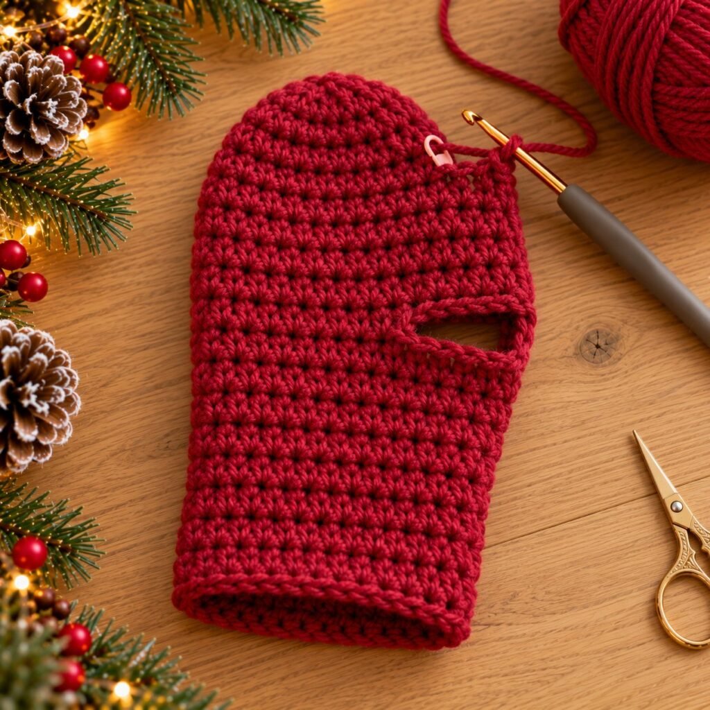 Crochet mitten worked top-down with the thumb opening