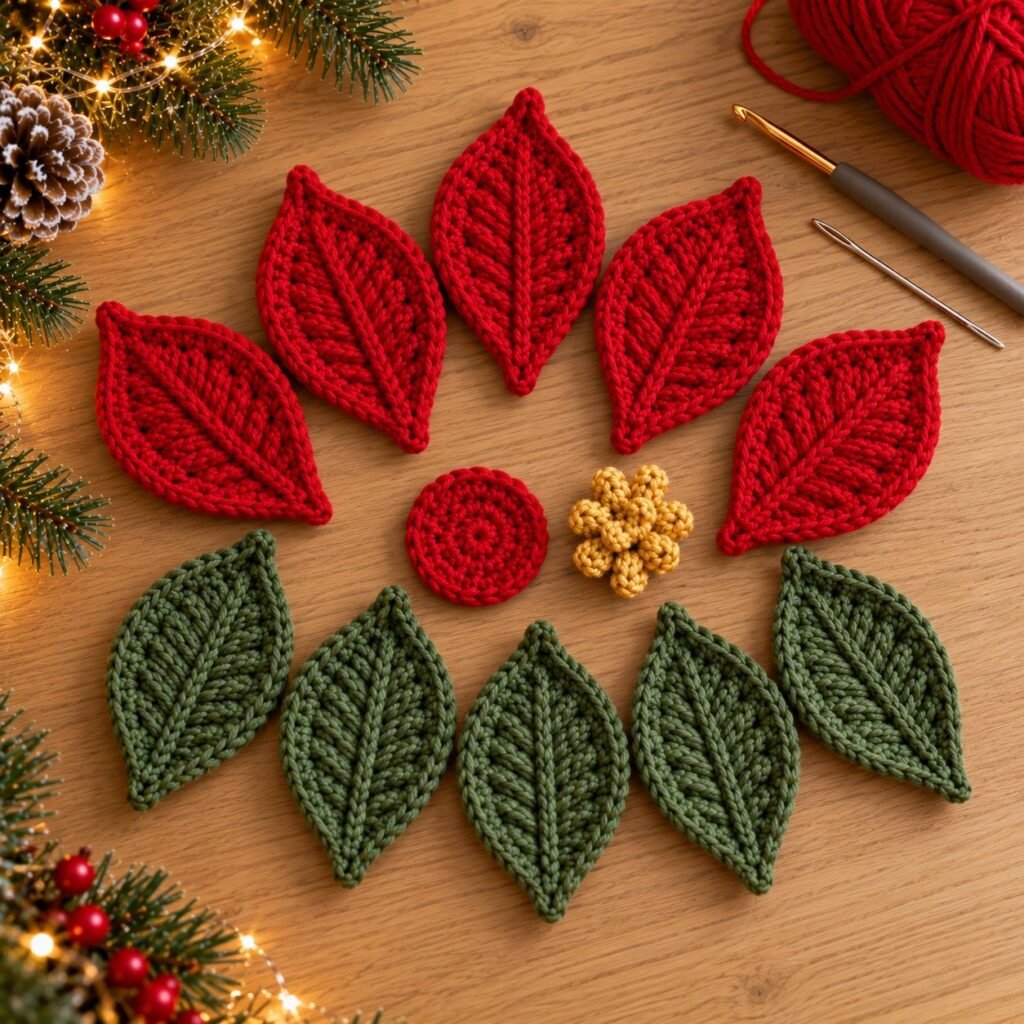 Crochet poinsettia petals, leaves, base and centre before assembly