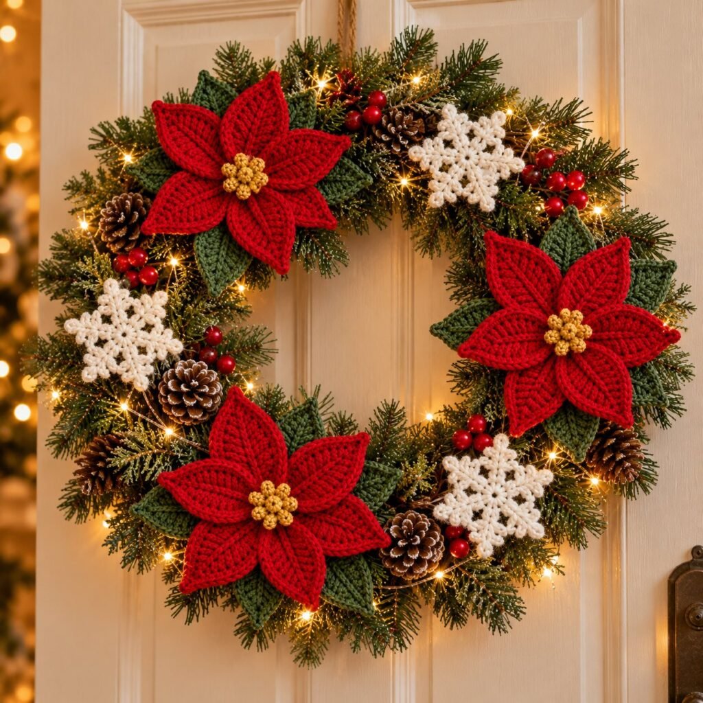 Christmas wreath decorated with crochet poinsettias and snowflakes