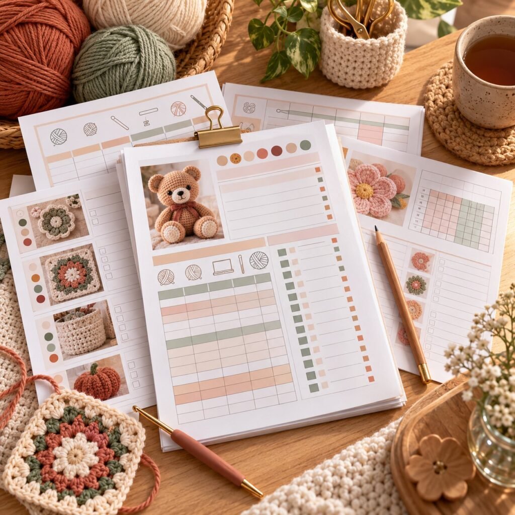 Printable crochet project planner pages with yarn and hook on a desk
