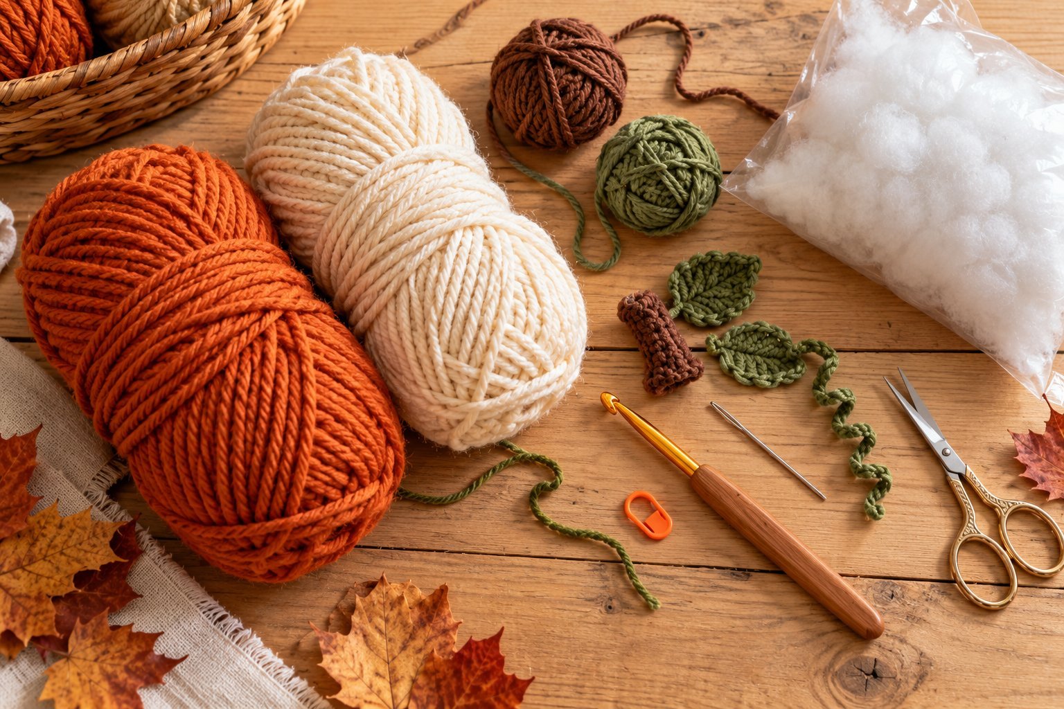 Supplies for a crochet pumpkin: worsted weight yarn, 5 mm crochet hook, fiberfill stuffing, yarn needle and scissors