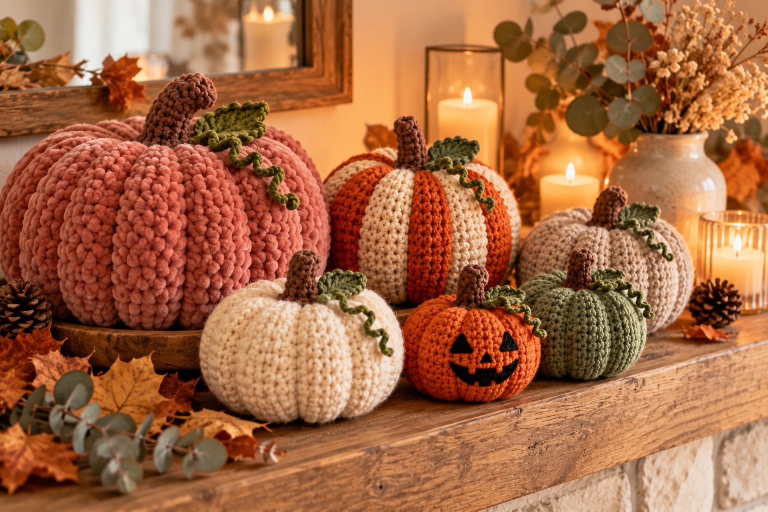 Crochet pumpkin variations: chunky velvet pumpkin, striped pumpkin, neutral farmhouse trio and jack-o-lantern pumpkin