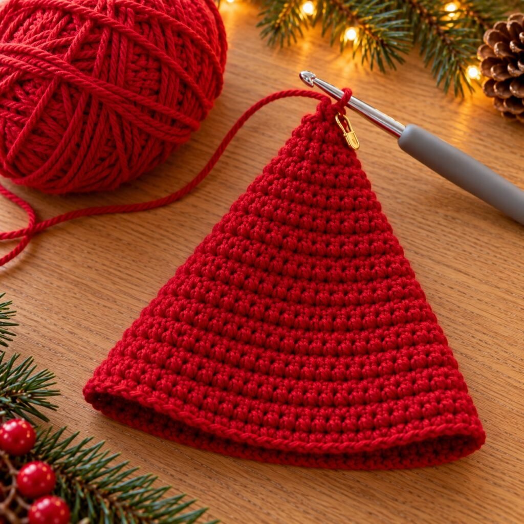 Red crochet Santa hat cone worked top-down in half double crochet