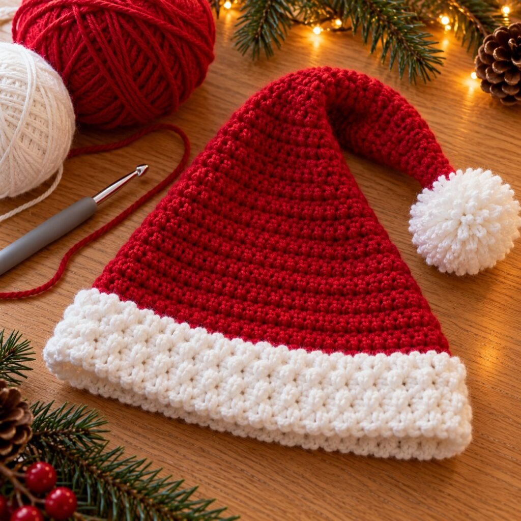 Red crochet Santa hat with white brim and pom-pom – free crochet Santa hat pattern