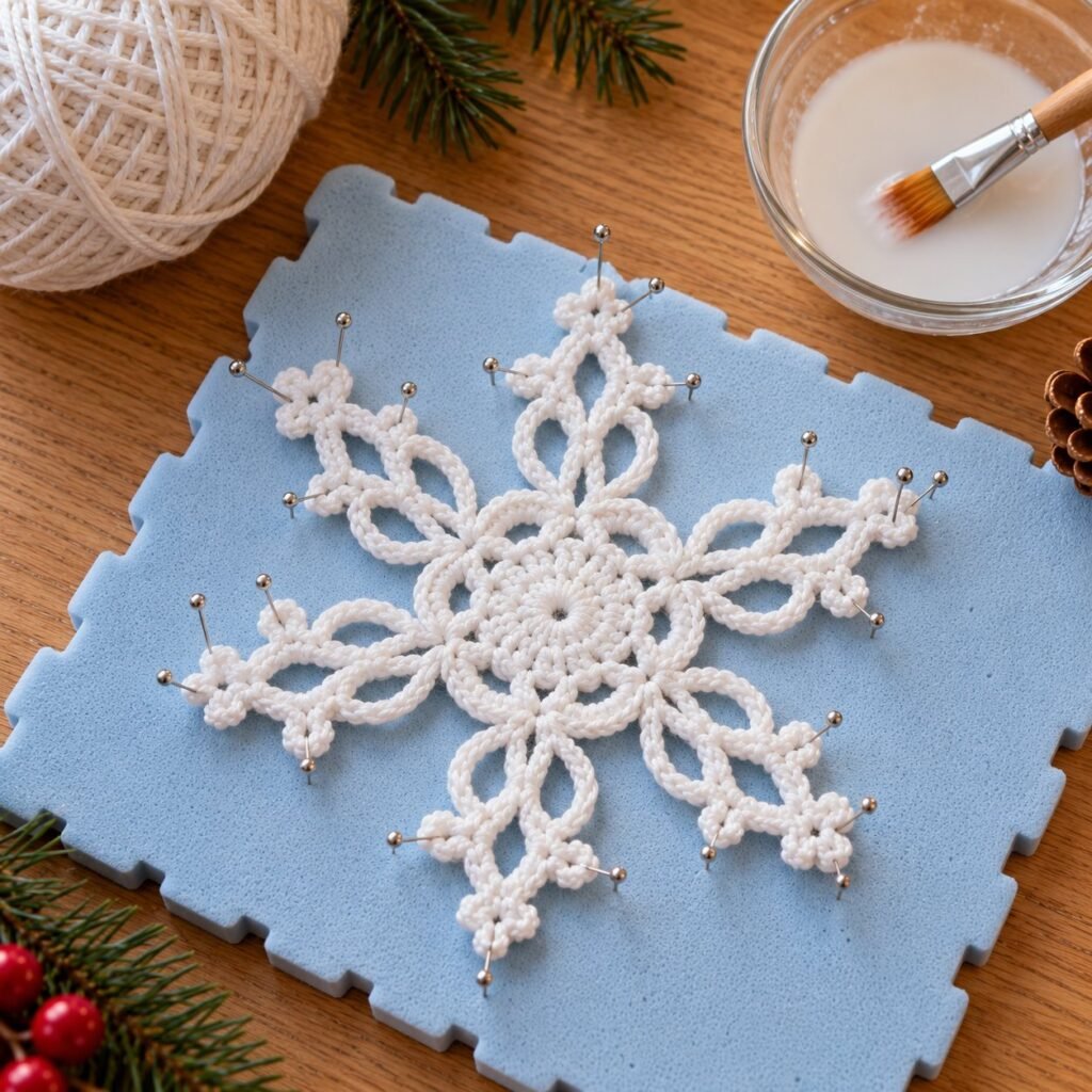 Finished crochet snowflake pinned flat on a blocking board to stiffen