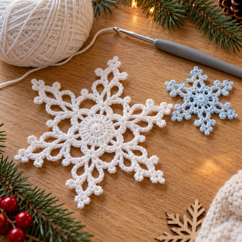 Finished white and ice blue crochet snowflakes with yarn and hook – easy crochet snowflake pattern