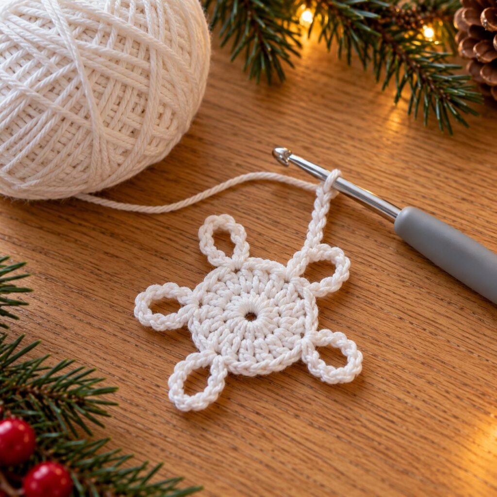 Crochet snowflake after Rounds 1 and 2: a 12-stitch centre and six chain spaces