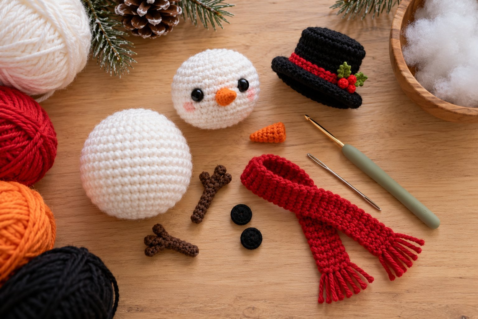 Crochet snowman amigurumi pieces before assembly: body, head, carrot nose, top hat and scarf