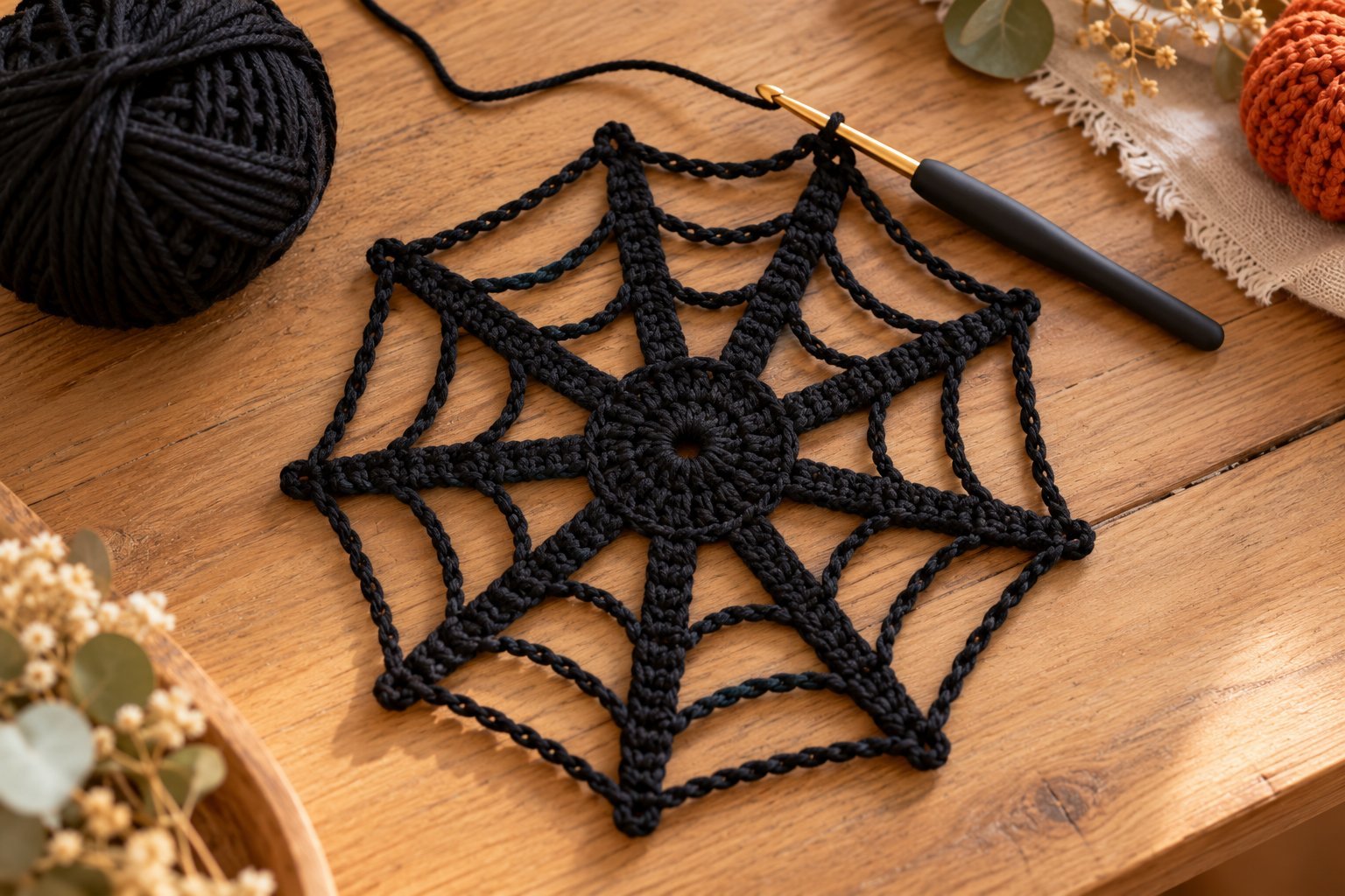 Crochet spider web in progress showing the center ring, 8 spokes and chain spaces