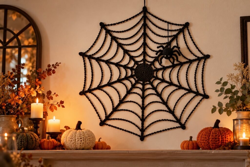 Free crochet spider web pattern – black yarn spider web Halloween decoration on a mantel