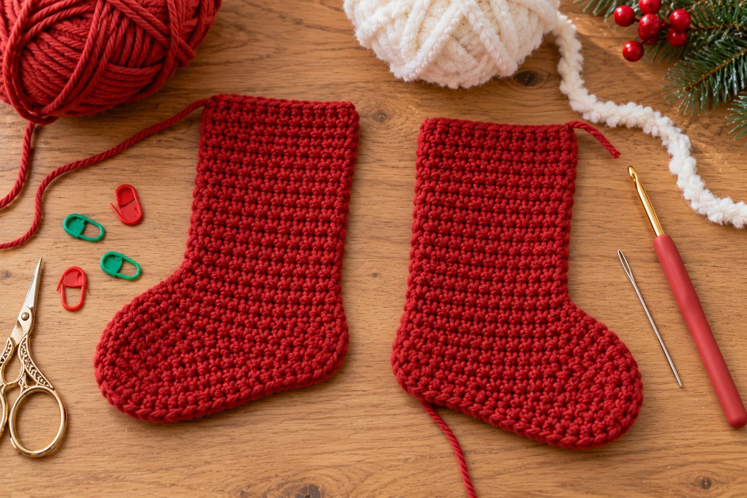 Two flat crochet stocking pieces ready to be joined, with hook and white cuff yarn