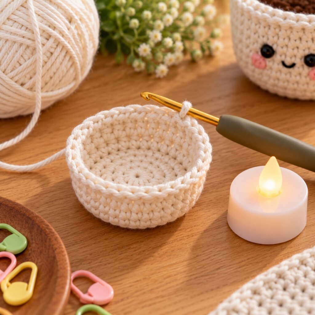 Check the size against your LED light after Round 3 – crochet tea light cover