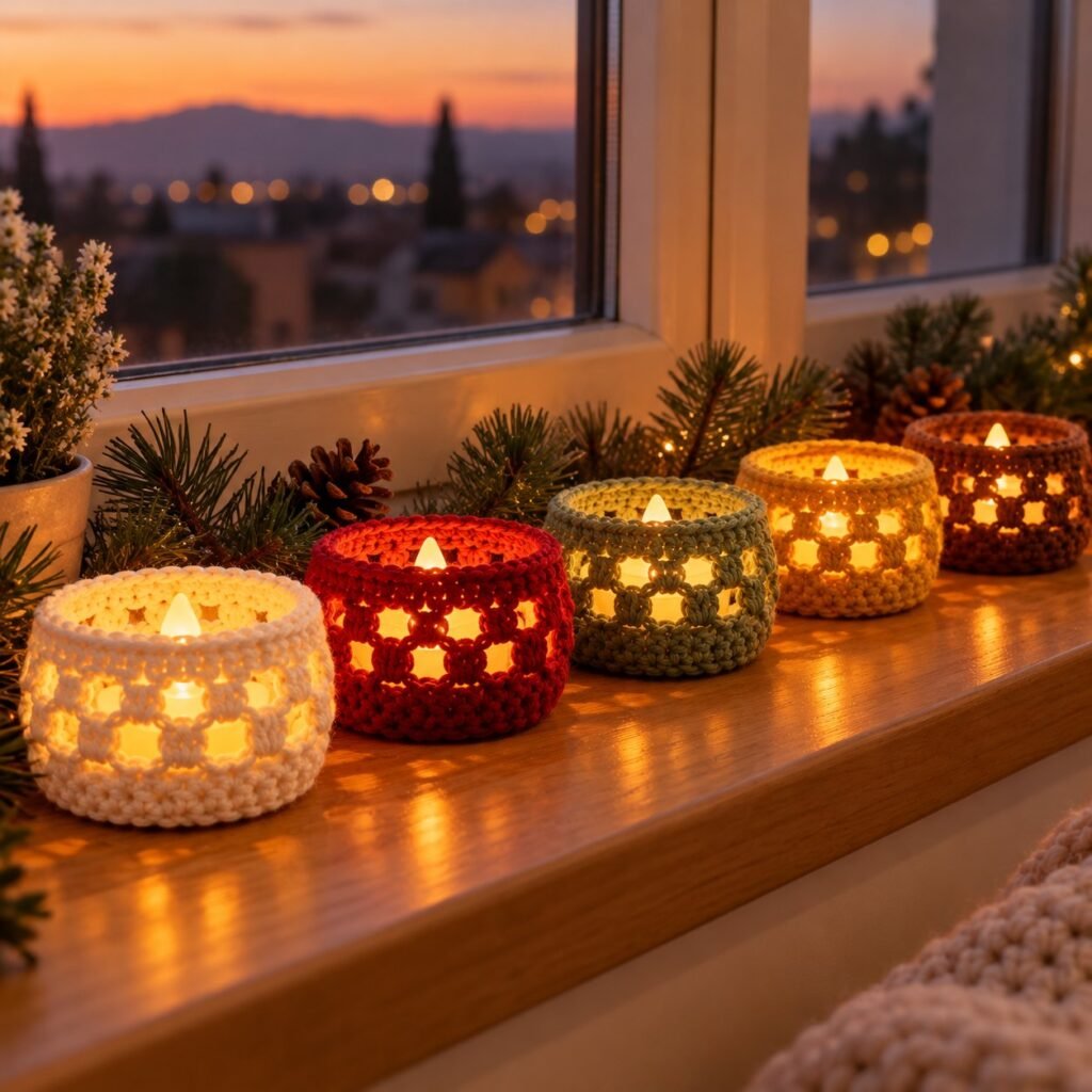 A row of covers on a windowsill (LED lights only) – crochet tea light cover