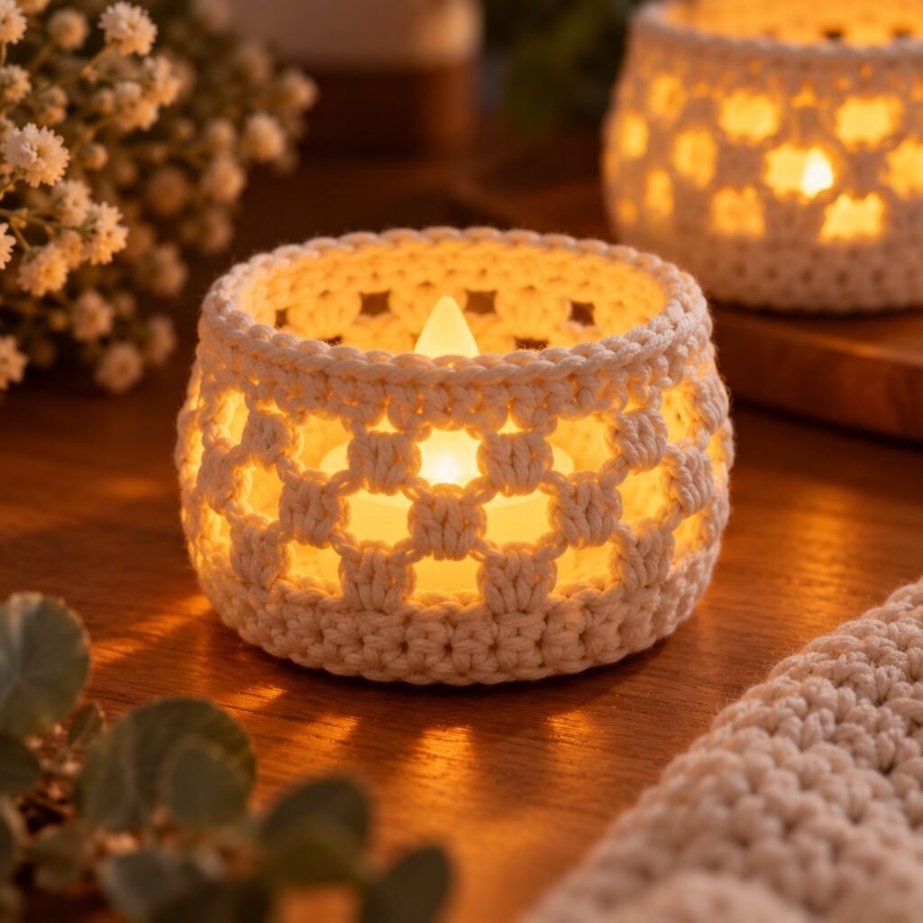 Lace rounds let the light shine through – crochet tea light cover